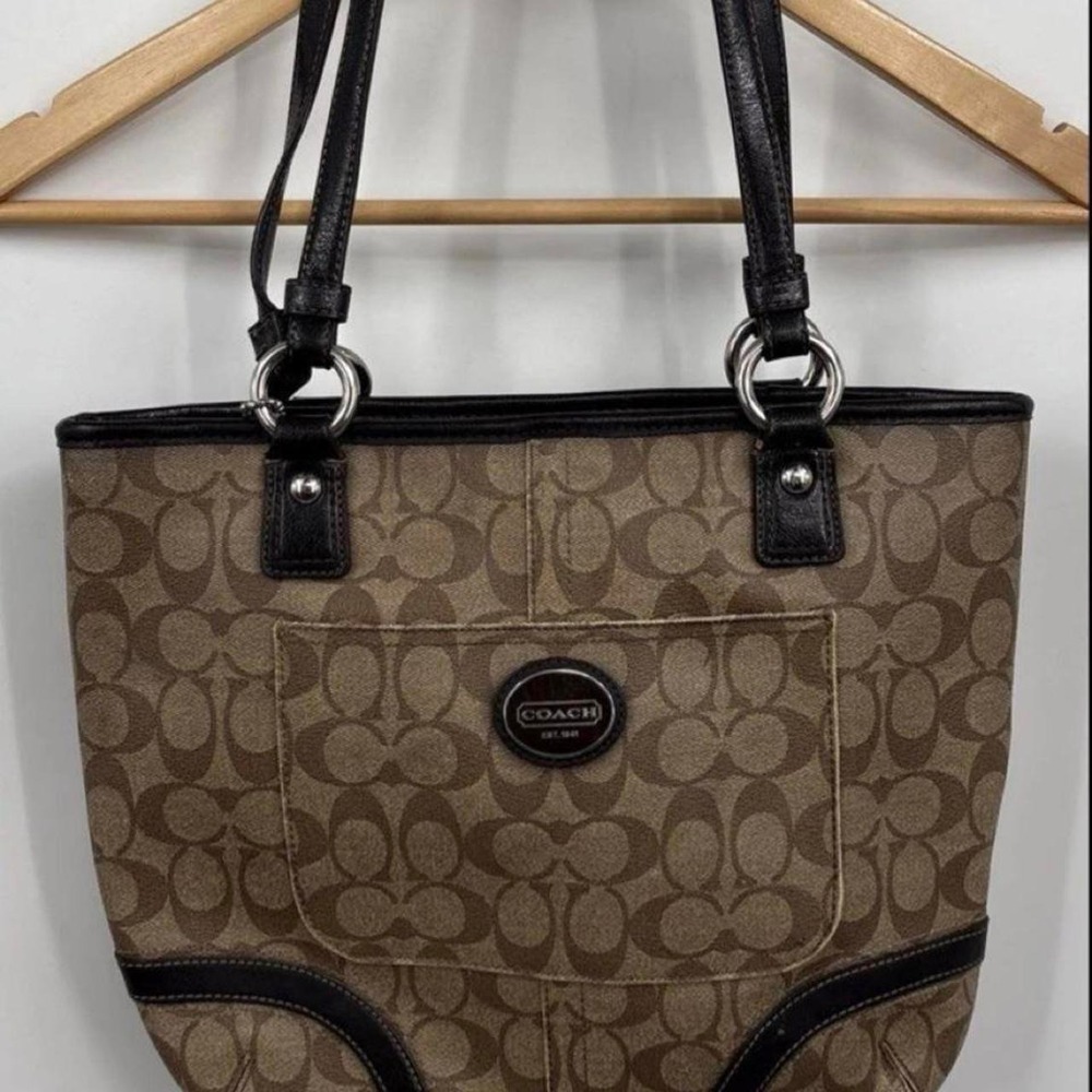 Coach Signature Monogram Tote Bag Medium Brown/Black Double Handle Charm